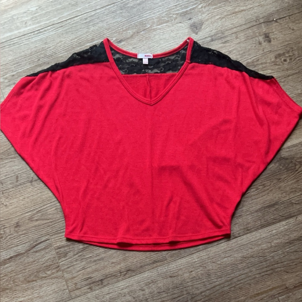 Red V-Neck Top with Black Lace